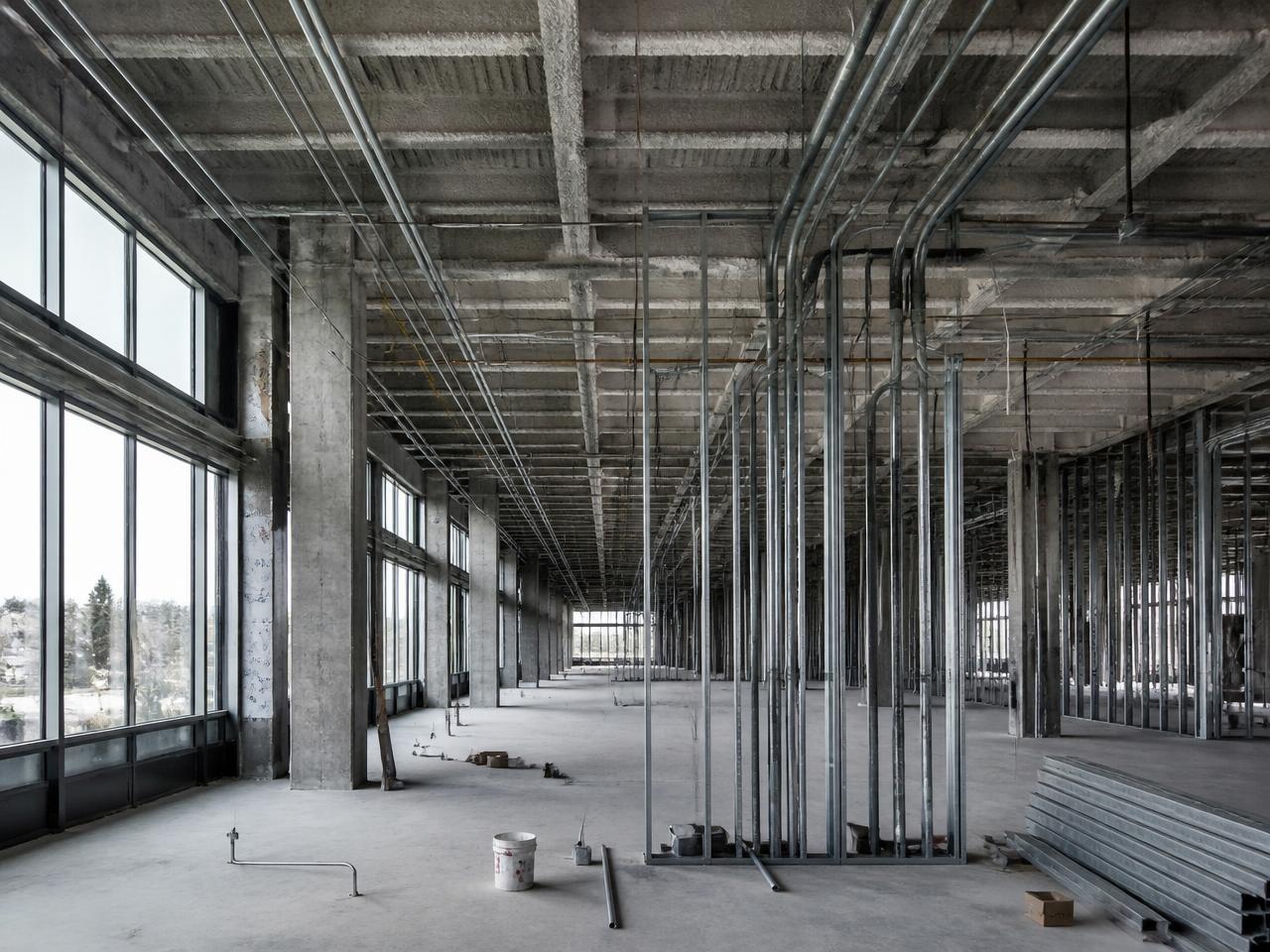 Obra em construção com eletrodutos e infraestrutura elétrica aparente