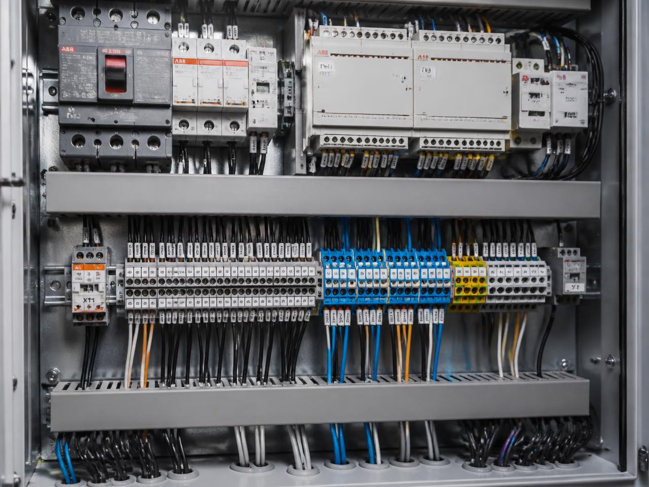 Interior de painel elétrico industrial com bornes e condutores organizados